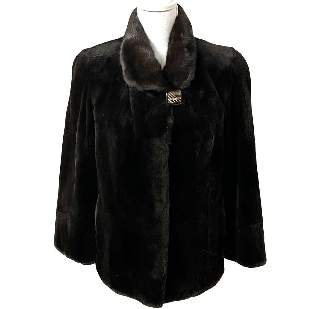 Black Sheared Mink Skin On Skin Fur Jacket Ranch Mink Fur Collar Size M Genuine